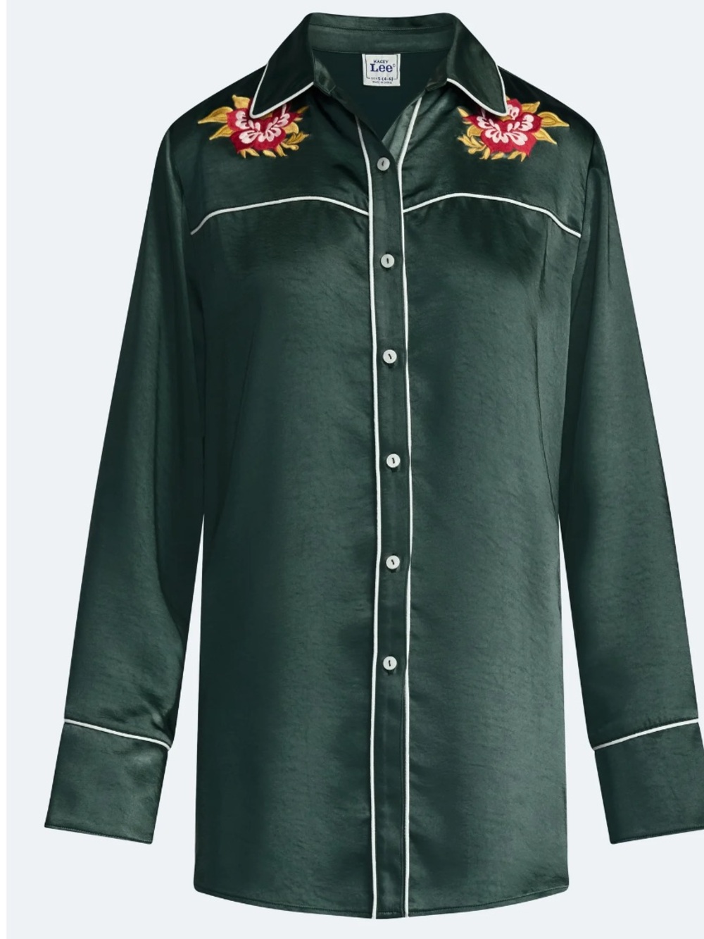 Lee X Kacey Musgraves Dark Green Satin Sleep Shirt with Floral Embroidery